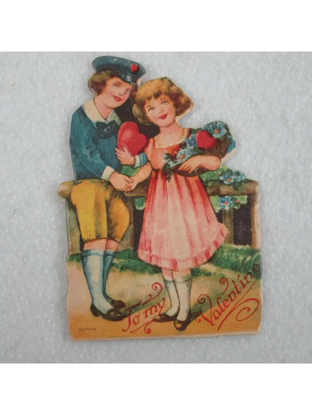Vintage Valentine Die Cut Stand Up Boy Sailor Suit Girl Flowers 1920-30s Germany